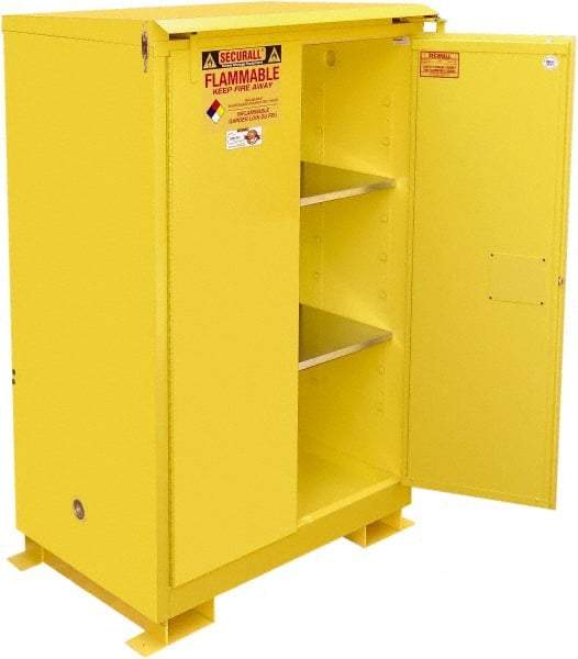 Securall Cabinets - 2 Door, 2 Shelf, Yellow Steel Standard Safety Cabinet for Flammable and Combustible Liquids - 71" High x 43" Wide x 31" Deep, Self Closing Door, 3 Point Key Lock, 90 Gal Capacity - USA Tool & Supply