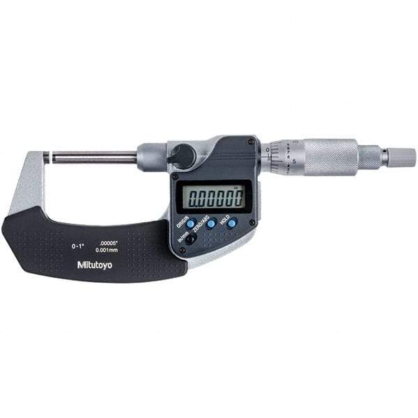 Mitutoyo - 0 to 1" Range, 0.00005" Resolution, Non-Rotating Throat Electronic Outside Micrometer - 0.00015" Accuracy, Ratchet Stop Thimble, Carbide-Tipped Face, SR44 Battery - USA Tool & Supply