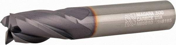 Niagara Cutter - 1/2", 1" LOC, 1/2" Shank Diam, 3" OAL, 4 Flute, Solid Carbide Square End Mill - Single End, TiAlN Finish, Spiral Flute, 30° Helix, Centercutting, Right Hand Cut, Right Hand Flute, Series C430 - USA Tool & Supply