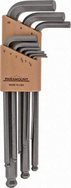 Paramount - 9 Piece L-Key Ball End Hex Key Set - Hex Range 1.5 to 10mm, 7-1/4" OAL, Steel - USA Tool & Supply