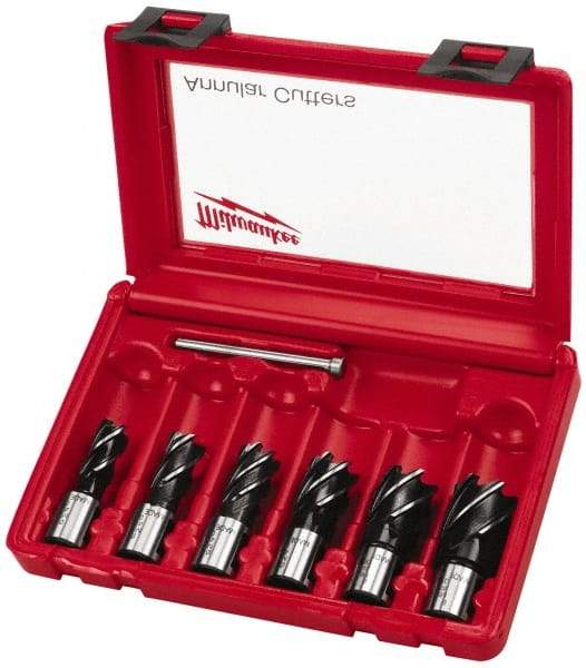 Milwaukee Tool - 6 Piece, 9/16 to 1-1/16" Cutter Diam, 1" Cutting Depth, Steel Annular Cutter Set - Bright Finish, 3/4" Shank Diam, 9/16, 5/8, 11/16, 13/16, 15/16, 1-1/16" Cutter Diams, 2 Flats on Shank - USA Tool & Supply