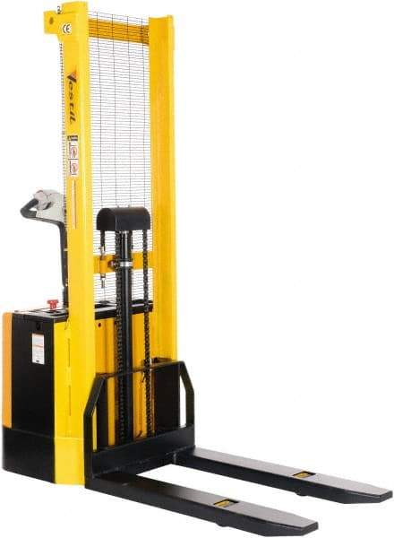 Vestil - 2,000 Lb Capacity, 62" Lift Height, Battery Powered Stacker - 3-3/8" Lowered Height, 42" Fork Length, 26-3/4" Overall Width - USA Tool & Supply