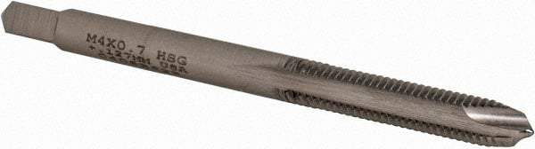 Made in USA - M4x0.70 Metric Coarse, 2 Flute, Bright Finish, High Speed Steel Spiral Point Tap - Plug Chamfer, Right Hand Thread, 2-1/8" OAL, 3/4" Thread Length, 0.168" Shank Diam - Exact Industrial Supply
