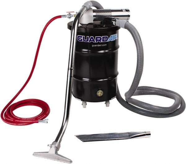 Guardair - 30 Gal Steel Tank, Air Powered Pneumatic Canister Wet/Dry Vacuum - 15 Peak hp, 20' Hose Fitting, Cartridge Filter, Accessories Included - USA Tool & Supply