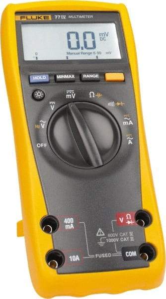 Fluke - 77-4, CAT IV, CAT III, 1,000 VAC/VDC, Digital Auto Ranging Average Responding Manual Ranging Multimeter - 50 mOhm, Measures Voltage, Capacitance, Current, Frequency, Resistance - USA Tool & Supply