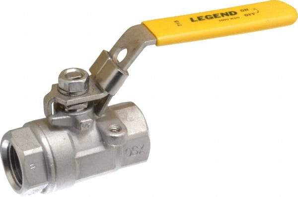 Legend Valve - 1/2" Pipe, Large Port, Stainless Steel Standard Ball Valve - 2 Piece, Inline - One Way Flow, FNPT x FNPT Ends, Locking Lever Handle, 2,000 WOG, 150 WSP - USA Tool & Supply