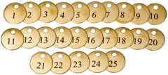 Value Collection - 1-1/2" High x 1-1/2" Long, 1 to 25, English Safety & Facility Numbered Tag - 1 Side, Brass - USA Tool & Supply