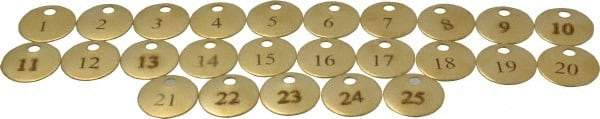 Value Collection - 1" High x 1" Long, 1 to 25, English Safety & Facility Numbered Tag - 1 Side, Brass - USA Tool & Supply