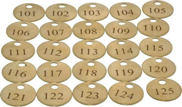 Value Collection - 1" High x 1" Long, 101 to 125, English Safety & Facility Numbered Tag - 1 Side, Brass - USA Tool & Supply