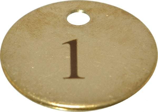 Value Collection - 1-1/4" High x 1-1/4" Long, 1 to 25, English Safety & Facility Numbered Tag - 1 Side, Brass - USA Tool & Supply