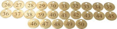 Value Collection - 1-1/4" High x 1-1/4" Long, 26 to 50, English Safety & Facility Numbered Tag - 1 Side, Brass - USA Tool & Supply