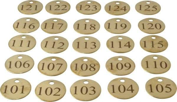 Value Collection - 1-1/4" High x 1-1/4" Long, 101 to 125, English Safety & Facility Numbered Tag - 1 Side, Brass - USA Tool & Supply