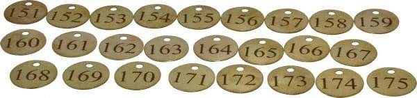 Value Collection - 1-1/4" High x 1-1/4" Long, 151 to 175, English Safety & Facility Numbered Tag - 1 Side, Brass - USA Tool & Supply