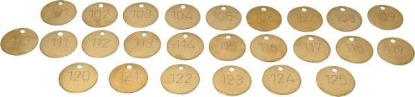 Value Collection - 1-1/2" High x 1-1/2" Long, 101 to 125, English Safety & Facility Numbered Tag - 1 Side, Brass - USA Tool & Supply