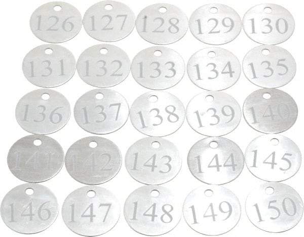 Value Collection - 1-1/4" High x 1-1/4" Long, 126 to 150, English Safety & Facility Numbered Tag - 1 Side, Aluminum - USA Tool & Supply