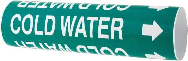 Made in USA - Pipe Marker with Cold Water Legend and Arrow Graphic - 2-1/2 to 3-1/4" Pipe Outside Diam, White on Green - USA Tool & Supply