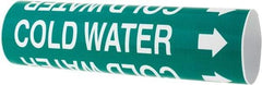Made in USA - Pipe Marker with Cold Water Legend and Arrow Graphic - 2-1/2 to 3-1/4" Pipe Outside Diam, White on Green - USA Tool & Supply