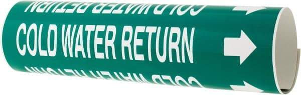 Made in USA - Pipe Marker with Cold Water Return Legend and Arrow Graphic - 2-1/2 to 3-1/4" Pipe Outside Diam, White on Green - USA Tool & Supply