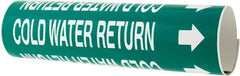 Made in USA - Pipe Marker with Cold Water Return Legend and Arrow Graphic - 2-1/2 to 3-1/4" Pipe Outside Diam, White on Green - USA Tool & Supply