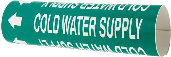 Made in USA - Pipe Marker with Cold Water Supply Legend and Arrow Graphic - 2-1/2 to 3-1/4" Pipe Outside Diam, White on Green - USA Tool & Supply