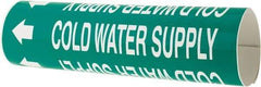 Made in USA - Pipe Marker with Cold Water Supply Legend and Arrow Graphic - 2-1/2 to 3-1/4" Pipe Outside Diam, White on Green - USA Tool & Supply