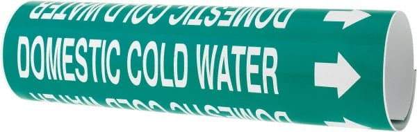 Made in USA - Pipe Marker with Domestic Cold Water Legend and Arrow Graphic - 2-1/2 to 3-1/4" Pipe Outside Diam, White on Green - USA Tool & Supply