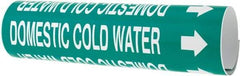 Made in USA - Pipe Marker with Domestic Cold Water Legend and Arrow Graphic - 2-1/2 to 3-1/4" Pipe Outside Diam, White on Green - USA Tool & Supply