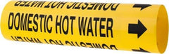 Made in USA - Pipe Marker with Domestic Hot Water Legend and Arrow Graphic - 2-1/2 to 3-1/4" Pipe Outside Diam, Black on Yellow - USA Tool & Supply
