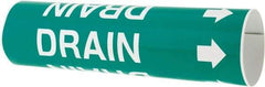 Made in USA - Pipe Marker with Drain Legend and Arrow Graphic - 2-1/2 to 3-1/4" Pipe Outside Diam, White on Green - USA Tool & Supply