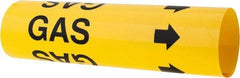 Made in USA - Pipe Marker with Gas Legend and Arrow Graphic - 2-1/2 to 3-1/4" Pipe Outside Diam, Black on Yellow - USA Tool & Supply