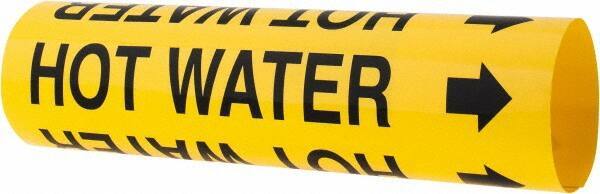 Made in USA - Pipe Marker with Hot Water Legend and Arrow Graphic - 2-1/2 to 3-1/4" Pipe Outside Diam, Black on Yellow - USA Tool & Supply