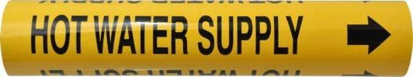 Made in USA - Pipe Marker with Hot Water Supply Legend and Arrow Graphic - 2-1/2 to 3-1/4" Pipe Outside Diam, Black on Yellow - USA Tool & Supply