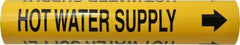 Made in USA - Pipe Marker with Hot Water Supply Legend and Arrow Graphic - 2-1/2 to 3-1/4" Pipe Outside Diam, Black on Yellow - USA Tool & Supply