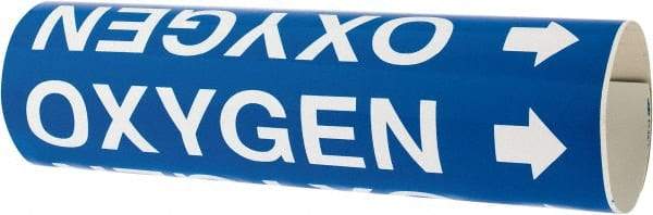 Made in USA - Pipe Marker with Oxygen Legend and Arrow Graphic - 2-1/2 to 3-1/4" Pipe Outside Diam, White on Blue - USA Tool & Supply