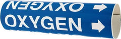Made in USA - Pipe Marker with Oxygen Legend and Arrow Graphic - 2-1/2 to 3-1/4" Pipe Outside Diam, White on Blue - USA Tool & Supply
