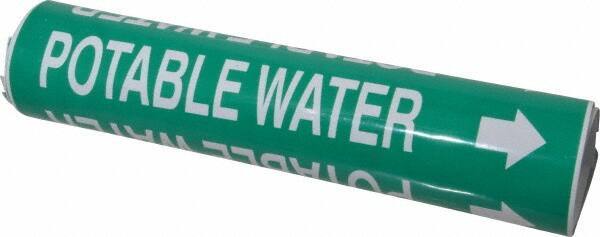 Made in USA - Pipe Marker with Potable Water Legend and Arrow Graphic - 2-1/2 to 3-1/4" Pipe Outside Diam, White on Green - USA Tool & Supply