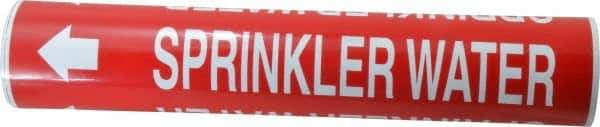 Made in USA - Pipe Marker with Water Sprinkler Legend and Arrow Graphic - 2-1/2 to 3-1/4" Pipe Outside Diam, White on Red - USA Tool & Supply