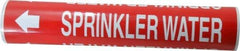Made in USA - Pipe Marker with Water Sprinkler Legend and Arrow Graphic - 2-1/2 to 3-1/4" Pipe Outside Diam, White on Red - USA Tool & Supply