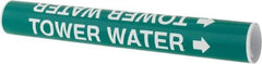 Made in USA - Pipe Marker with Tower Water Legend and Arrow Graphic - 2-1/2 to 3-1/4" Pipe Outside Diam, White on Green - USA Tool & Supply