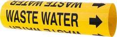 Made in USA - Pipe Marker with Waste Water Legend and Arrow Graphic - 2-1/2 to 3-1/4" Pipe Outside Diam, Black on Yellow - USA Tool & Supply