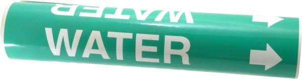 Made in USA - Pipe Marker with Water Legend and Arrow Graphic - 2-1/2 to 3-1/4" Pipe Outside Diam, White on Green - USA Tool & Supply