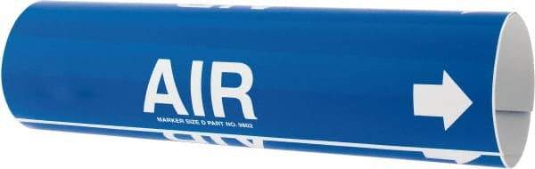 Made in USA - Pipe Marker with Air Legend and Arrow Graphic - 3-3/8 to 4-1/2" Pipe Outside Diam, White on Blue - USA Tool & Supply