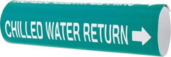 Made in USA - Pipe Marker with Chilled Water Return Legend and Arrow Graphic - 3-3/8 to 4-1/2" Pipe Outside Diam, White on Green - USA Tool & Supply