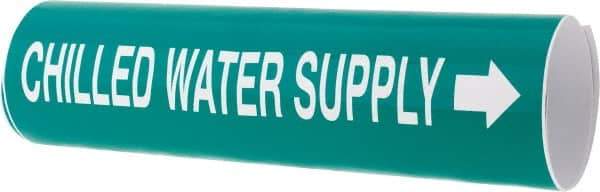 Made in USA - Pipe Marker with Chilled Water Supply Legend and Arrow Graphic - 3-3/8 to 4-1/2" Pipe Outside Diam, White on Green - USA Tool & Supply
