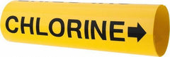 Made in USA - Pipe Marker with Chlorine Legend and Arrow Graphic - 3-3/8 to 4-1/2" Pipe Outside Diam, Black on Yellow - USA Tool & Supply