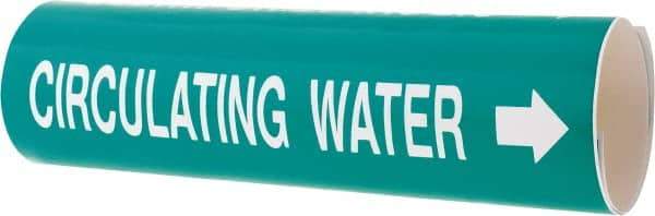Made in USA - Pipe Marker with Circulating Water Legend and Arrow Graphic - 3-3/8 to 4-1/2" Pipe Outside Diam, White on Green - USA Tool & Supply