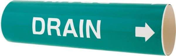 Made in USA - Pipe Marker with Drain Legend and Arrow Graphic - 3-3/8 to 4-1/2" Pipe Outside Diam, White on Green - USA Tool & Supply