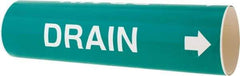 Made in USA - Pipe Marker with Drain Legend and Arrow Graphic - 3-3/8 to 4-1/2" Pipe Outside Diam, White on Green - USA Tool & Supply
