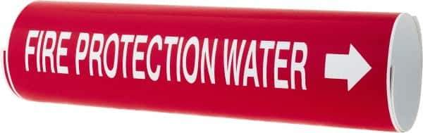 Made in USA - Pipe Marker with Fire Protection Water Legend and Arrow Graphic - 3-3/8 to 4-1/2" Pipe Outside Diam, White on Red - USA Tool & Supply