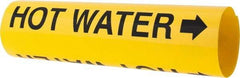 Made in USA - Pipe Marker with Hot Water Legend and Arrow Graphic - 3-3/8 to 4-1/2" Pipe Outside Diam, Black on Yellow - USA Tool & Supply